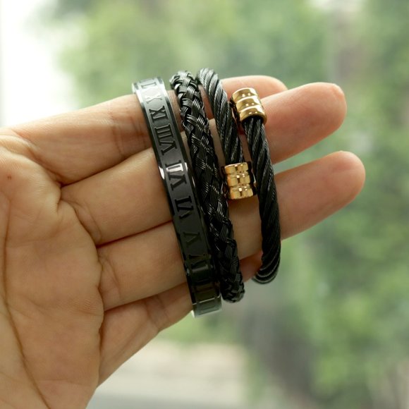 New! 3 Piece Royal Roman Bracelets Bangles Adjustable Black & Gold Round